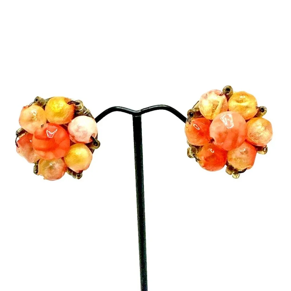 Vintage Hong Kong Fruit Salad Lucite Earrings Orange Swirl Cluster Clip On 1